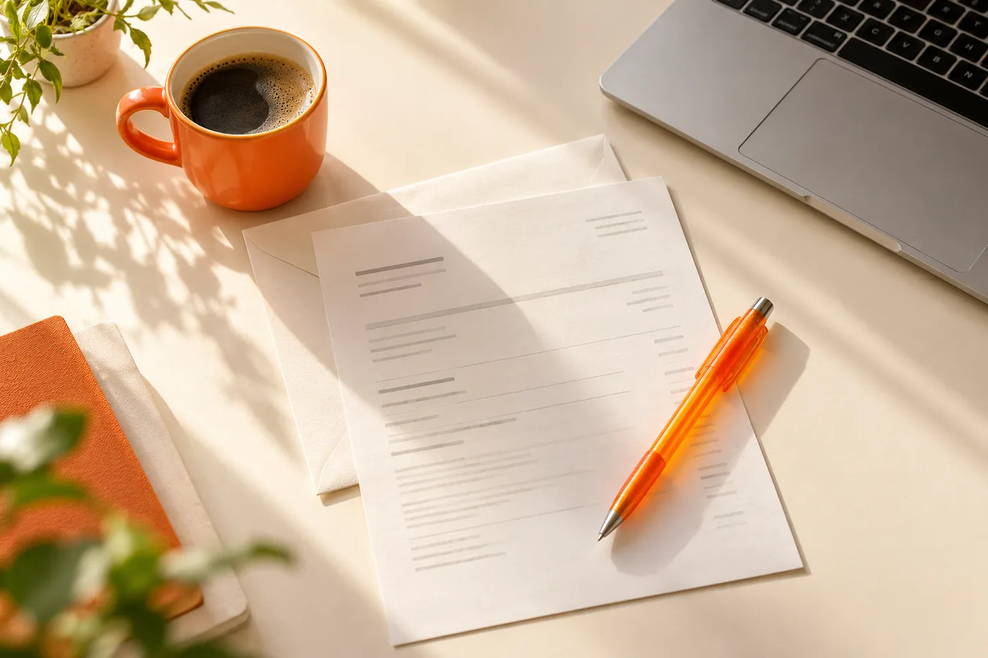 A paper bill and envelope beside a laptop and orange pen on a sunlit desk